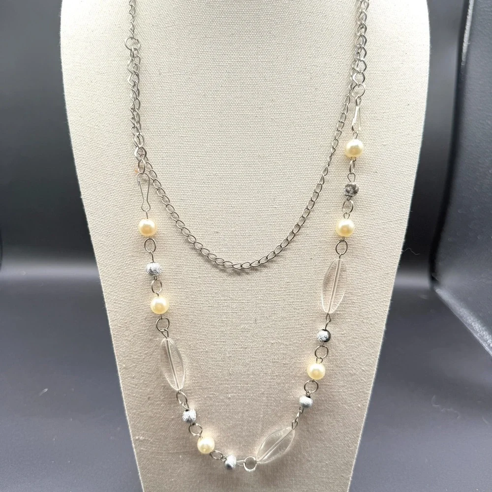 Silver Tone Faux Pearl Clear Bead Long Layering Necklace Y2K Boho Statement
